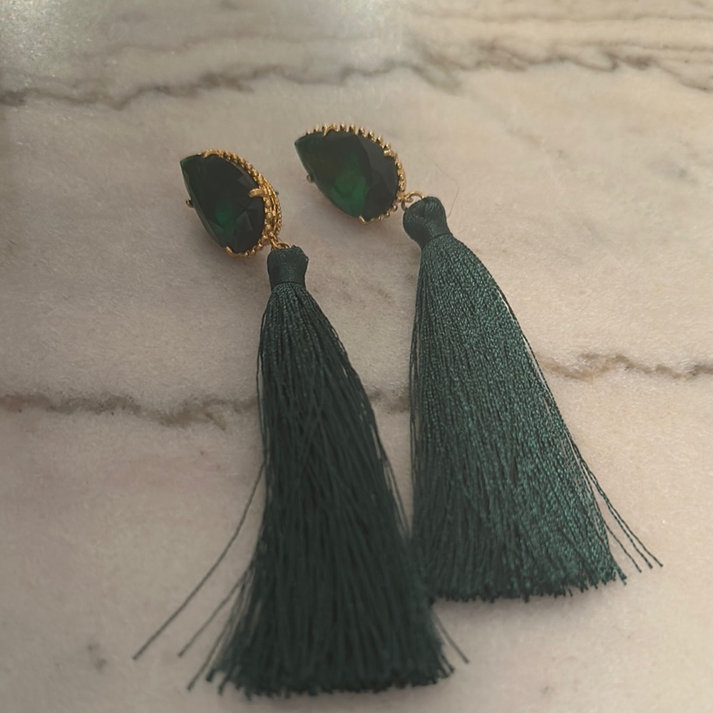 Elegant Green Tassel Earrings With Green Crystal Post